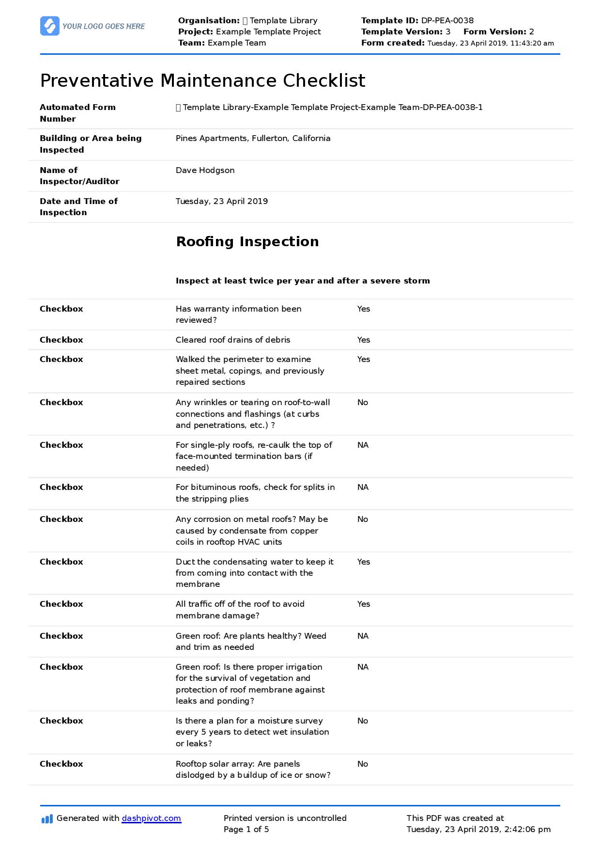 Preventative maintenance checklist template